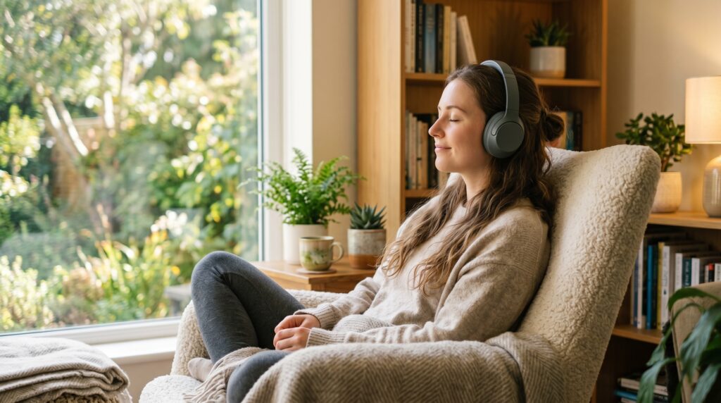 Femme qui ecoute un audio sur son fauteuil